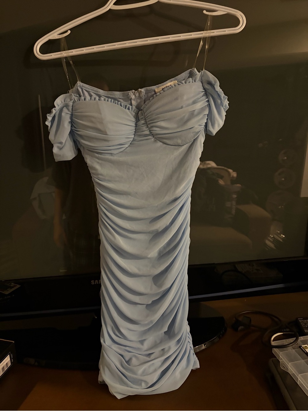 privy Light Blue Ruched Off-Shoulder Mini Dress
